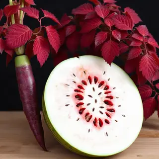 A purple carrot, a red tree with red leaves, and a white wat