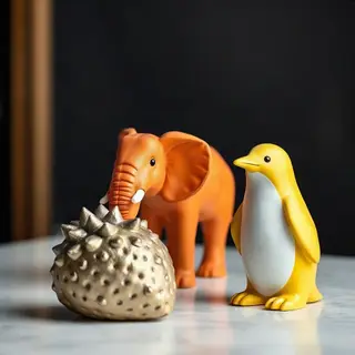 An orange elephant, a yellow penguin, and a silver strawberr