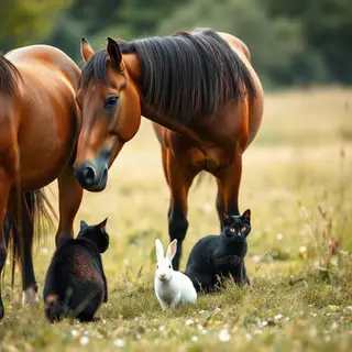 A big brown horse, a small white rabbit, and a medium-sized 