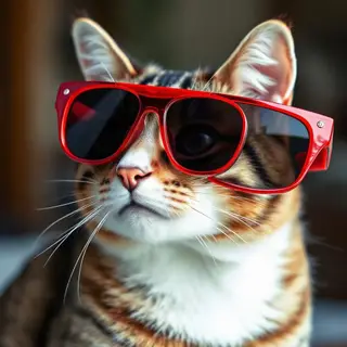 A tabby cat wearing oversized red sunglasses