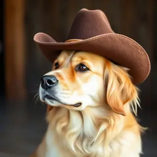 A golden retriever wearing a tiny cowboy hat