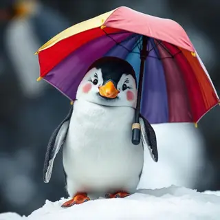 A penguin holding a colorful umbrella