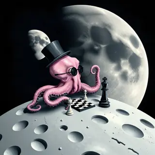 An octopus wearing a top hat and monocle playing chess on th