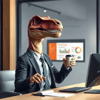 A dinosaur in a business suit giving a PowerPoint presentati