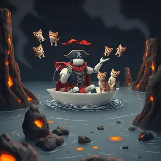 A robot dressed as a pirate sailing a paper boat on a lake o