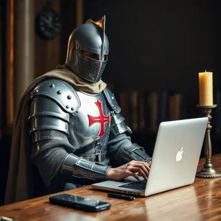 A medieval knight in full armor sitting at a desk typing on 