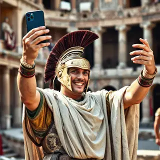 A Roman gladiator taking a selfie with a smartphone in the C