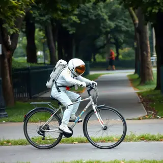 An astronaut in a spacesuit riding a bicycle through a park