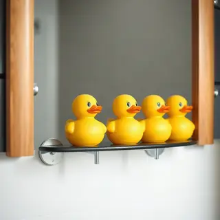 Exactly 5 yellow rubber ducks sitting in a row on a bathroom