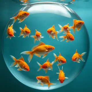 Exactly 9 goldfish swimming in a large round fishbowl