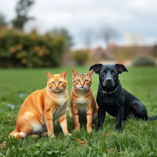 2 orange cats and 3 black dogs sitting together on a grassy 
