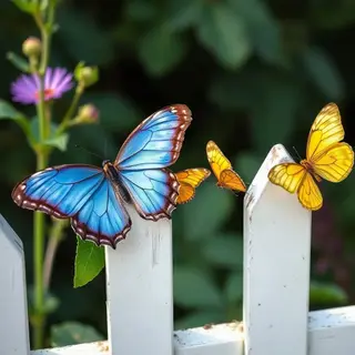 1 blue butterfly and 3 yellow butterflies resting on a garde
