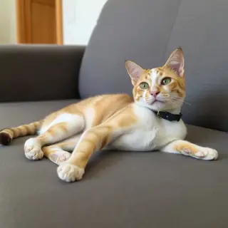 A cat lying on a couch without a collar