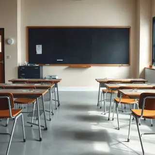 A classroom with desks and a chalkboard but no students