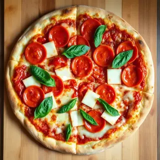 A pepperoni pizza with tomato sauce, basil, and crust but ab