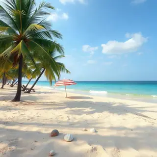 A sandy beach with palm trees, seashells, and a beach umbrel
