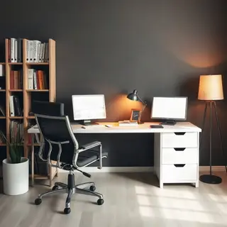 An office workspace with a desk, chair, bookshelf, and lamp 