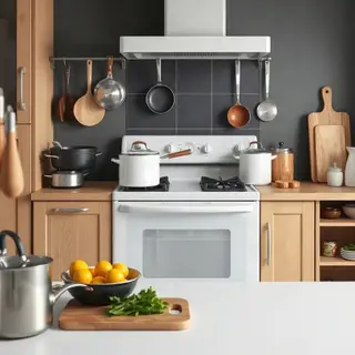 A kitchen with pots, pans, a stove, and a cutting board but 