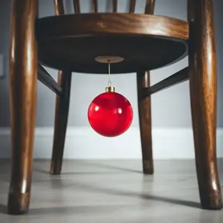 A red ball underneath a wooden chair