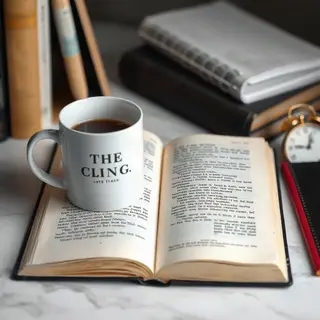 A coffee mug next to an open book on a desk