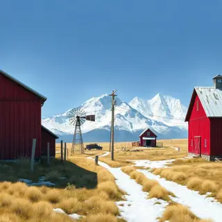 A landscape with a red barn in the foreground at large scale