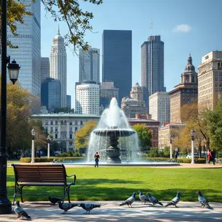 A city park with a park bench and pigeons in the foreground,
