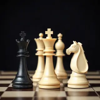 Five chess pieces on a board: a king in the center, a queen 
