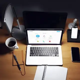 A desk scene: laptop in the center, coffee mug to the left, 
