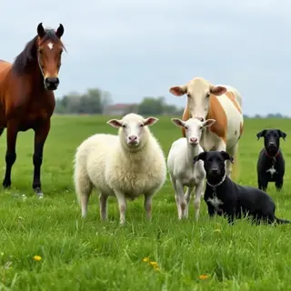 Five animals in a field: a horse on the far left, a cow to t