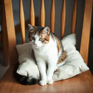 A cat sitting on a pillow, the pillow placed on a wooden cha