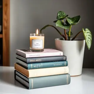 A candle on top of a stack of books, the books next to a pot
