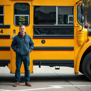 A person standing next to a yellow school bus, showing reali