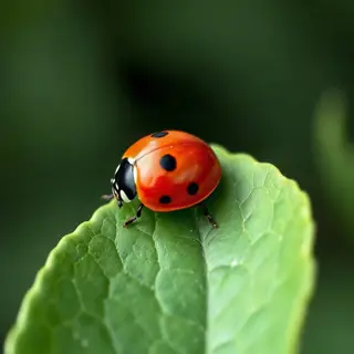 A ladybug sitting on a large green leaf, shown at realistic 