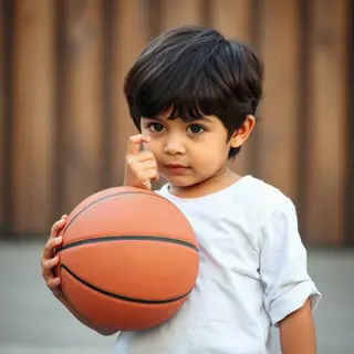 A child holding a basketball, both at correct relative sizes