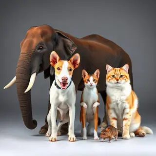 A group photo of an elephant, a horse, a dog, a cat, and a m
