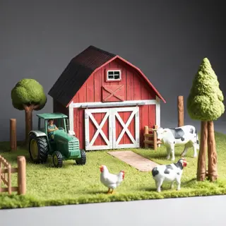 A farm scene with a barn, tractor, farmer, cow, chicken, and