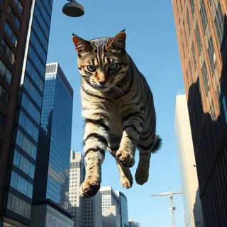 A giant tabby cat walking between city skyscrapers like a ka