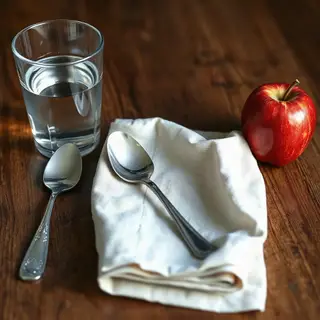 A still life on a wooden table featuring a clear glass of wa