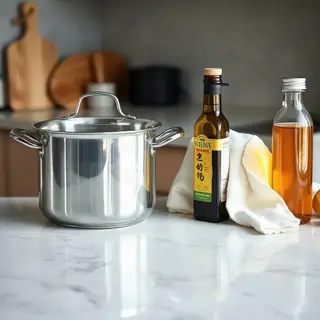 A kitchen counter with a stainless steel pot, a wooden cutti