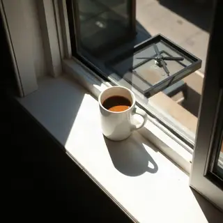 A coffee mug on a sunny windowsill casting a sharp shadow to