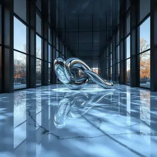 A chrome sculpture in a room with a glass floor and large wi