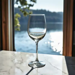 A crystal wine glass on a polished marble counter next to a 