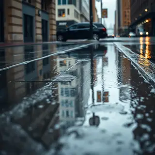 A city skyline reflected in a rain puddle on a street, with 