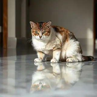 A cat sitting on a polished marble floor with its reflection