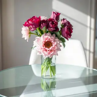 A vase of flowers on a glass table with a clear reflection v