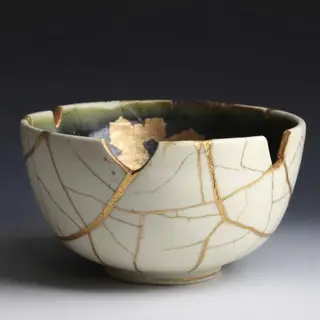A Japanese kintsugi bowl — cracked ceramic repaired with vis