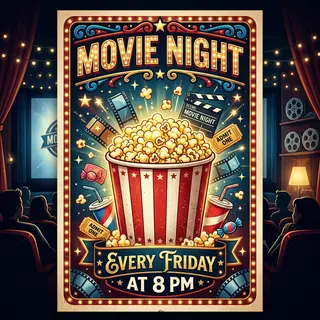 A movie night poster with a large popcorn image in the cente