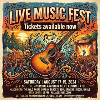 An event poster featuring a guitar illustration, the headlin