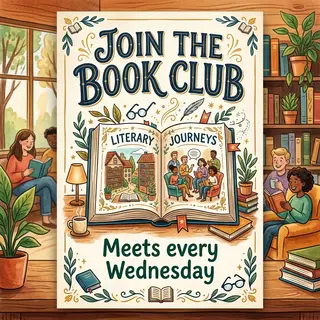 A book club poster with an open book illustration, the title