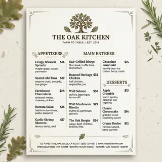 A restaurant menu layout with a logo header, three category 
